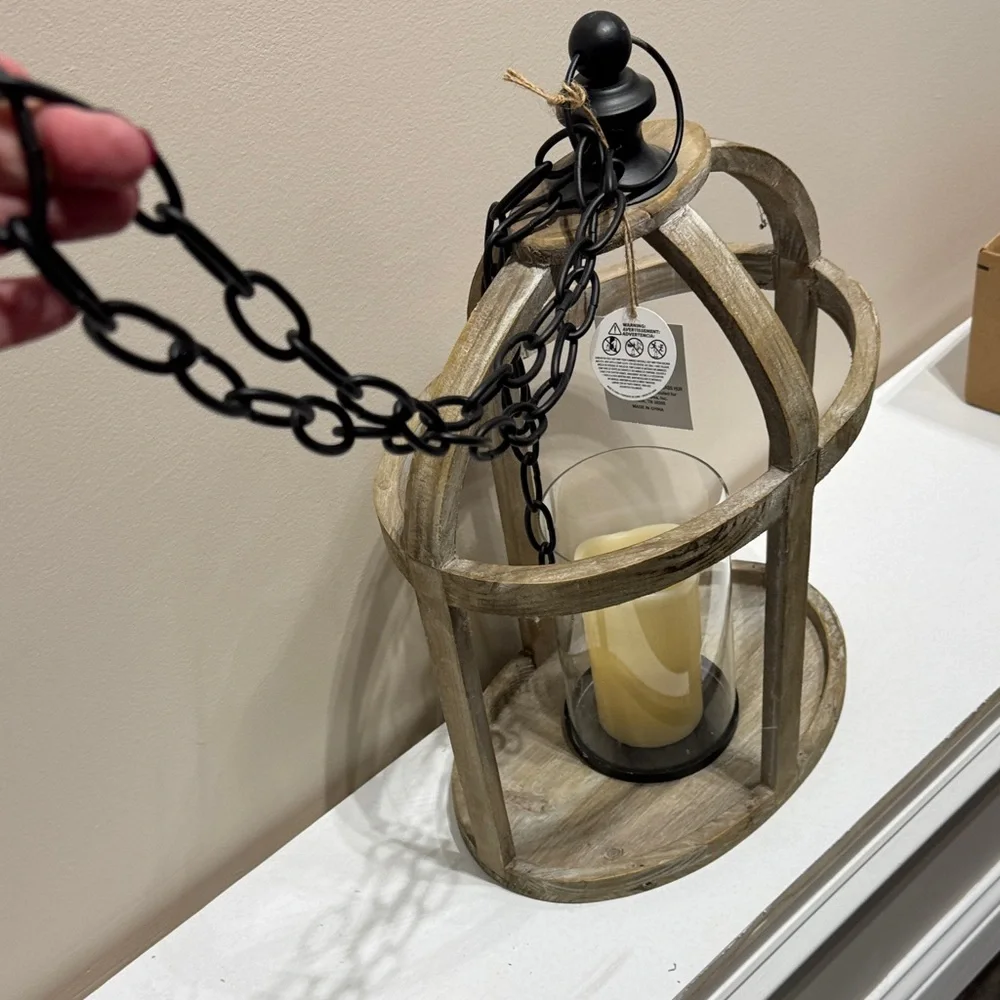 Kirklands Distressed Wood Lantern with Amber Glow - Picture 4 of 5